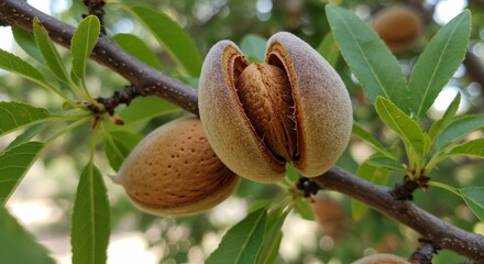 Almond fruit open on tree branch closeup
