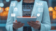 © Ai Stock Lab - Businesswoman tablet finance tax deadline calendar digital tablet office technology finance tax deadline calendar planning data focus evening city bokeh professional mood motivates action