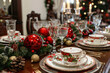 © Alberto Gonzalez  - A beautifully set Christmas dining table adorned with elegant tableware, festive decorations, and red ornaments, creating a warm atmosphere.