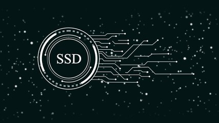 Wall Mural - Futuristic S D technology interface glowing circle with data transfer lines and digital particles on dark background abstract concept for fast storage and connectivity