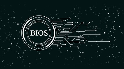 Wall Mural - Futuristic B I O S interface with digital circuit lines and glowing particles on dark background technology concept