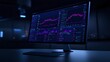 © Yuliia - Modern computer monitor displaying financial trading charts and market analysis data in dark blue and purple colors on black background for business analytics.