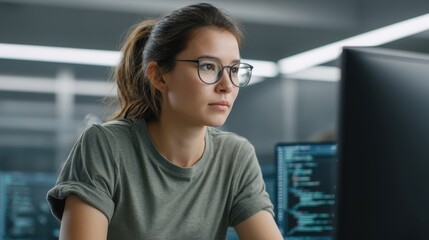 Focused female professional working on coding project in modern tech office during daytime, wearing glasses and casual attire, immersed in computer screen