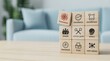 © Tusher - Core Values Cubes: A close-up shot captures an array of wooden cubes arranged to showcase core values and principles, symbolizing business strategy and company culture.