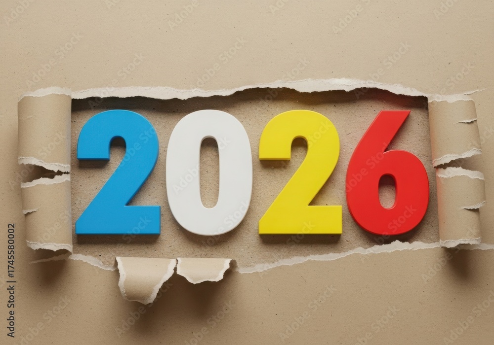 Brightly colored numbers 2026 emerging through torn cardboard Stock ...