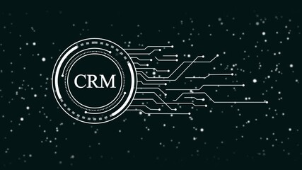 Wall Mural - Futuristic C R M technology interface with glowing digital network connections and abstract data points on a dark starry background representing customer relationship management