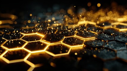 Wall Mural - Glowing Honeycomb Pattern in Golden Yellow Color with Sparkles
