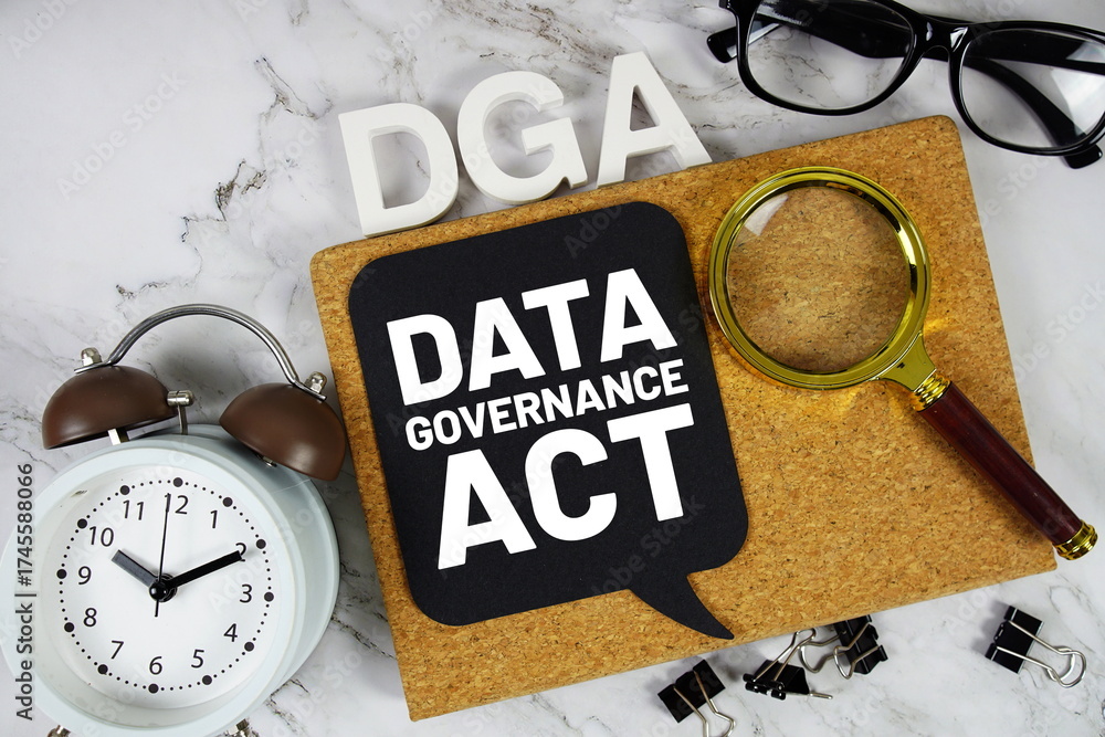 Implement Dga Icon DGA - Data Governance Act acronym with alarm clock and magnifying glass ...