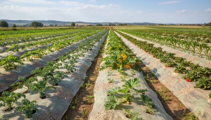 Wall Mural - Medium shot of diverse crops thriving under thin layers of innovative ecoconscious biodegradable mulch illustrating modern sustainable farming practices in natural light.