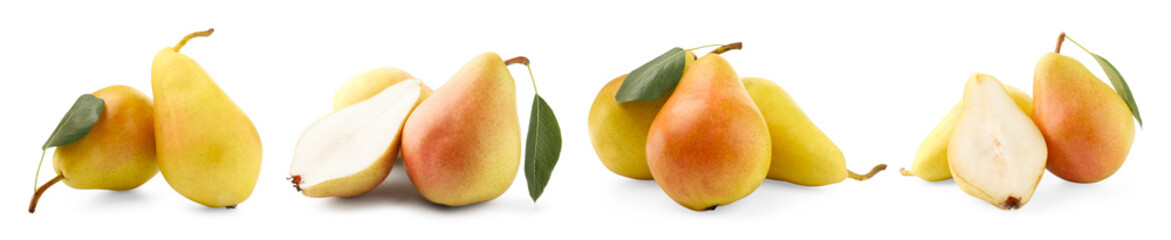 Wall Mural - Fresh juicy yellow pears isolated on white, set