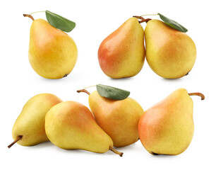 Wall Mural - Fresh juicy yellow pears isolated on white, set
