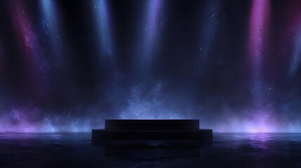 Canvas Print - Futuristic stage or podium illuminated by vibrant blue and purple lights in a smoky atmospheric setting