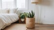 © Shiki - Minimalist entryway interior with wooden bench, hanging clothes, and potted plant, featuring warm natural light, simple design, and cozy modern home aesthetic.