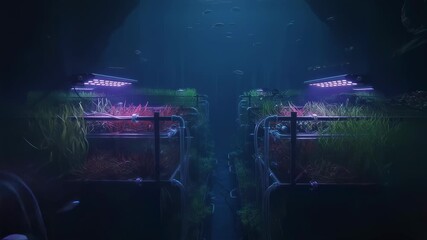 Wall Mural - Closeup on underwater LED fixtures casting UV light over marine crops in a deep sea farming setup showcasing innovative aquaculture technology.