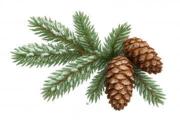 Wall Mural - Pine branch with snow and two pinecones, winter nature object for christmas and holiday season