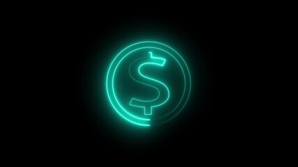 A vibrant neon dollar sign glows cyan within a cyan circle, symbolizing modern finance and digital currency on a black background