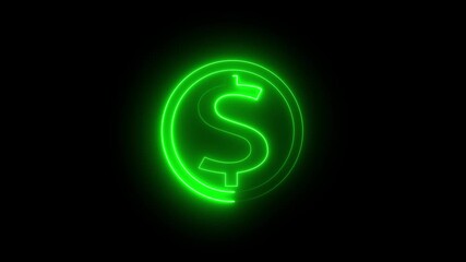 A vibrant neon dollar sign glows green within a green circle, symbolizing modern finance and digital currency on a black background