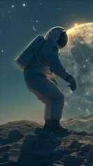 Wall Mural - A dreamy, cinematic video concept of an astronaut sitting on a moonlit landscape, gazing at a giant planet. Low-angle shot enhances the vastness of space. Live mobile wallpaper.