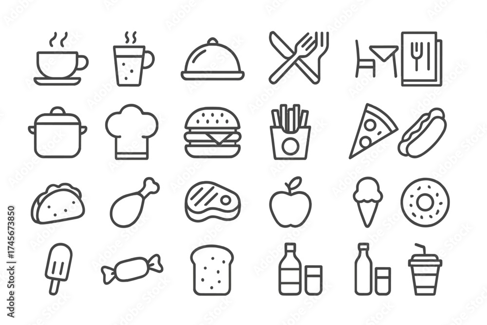 Food and drink icon set. Thin line style vector icons for restaurant ...