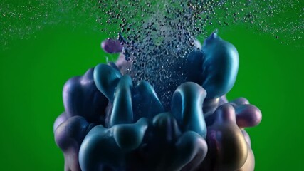 Poster - Hypnotic liquid-like particles swirl and slowly merge into a fluid abstract form against a green screen, emphasized by slow motion slowly, merge, fluid