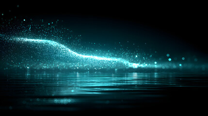 Wall Mural - A mesmerizing wave of sparkling teal light dances across a dark water surface, creating a serene and magical ambiance.