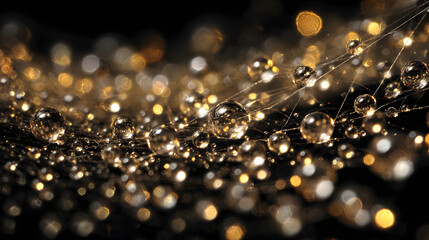 Wall Mural - Close-up of shimmering droplets on a web, creating a magical bokeh effect in golden tones.