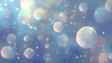 Wall Mural - A dreamy blend of iridescent bubbles floating against a soft blue background, creating a serene atmosphere.