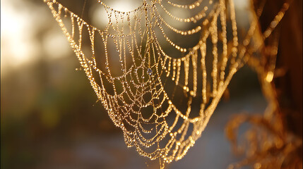 A close-up of a dew-covered spider web glistening in the golden sunlight, showcasing intricate patterns.