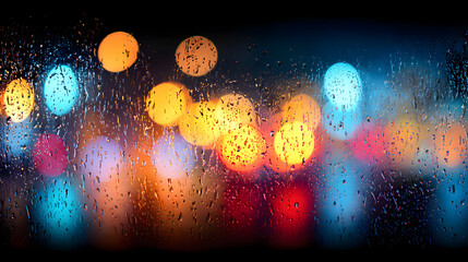 Wall Mural - Colorful bokeh lights through a rain-soaked window, creating a dreamy atmosphere.