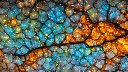 Wall Mural - A vibrant abstract pattern featuring sparkling orange and blue textures resembling a cosmic landscape.