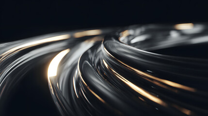 Wall Mural - Abstract close-up of smooth, reflective metallic curves intertwining against a dark backdrop, creating a sense of movement.