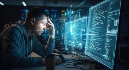 Man programmer thinking, looking at virtual computer screen displays full of code. Cyber security and programming innovation concept.