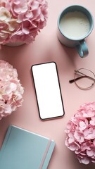 Smartphone mockup with flowers, glasses, notebook, and coffee on pink