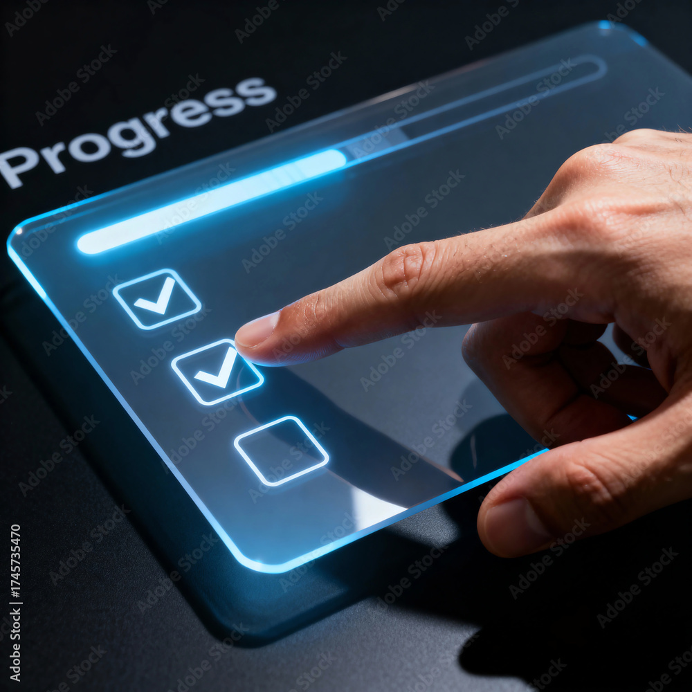 Progress Check Hand Sign Human hand taps glowing digital checklist on a transparent screen with ...