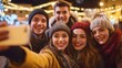 © Johannes - friendship holidays and people concept  group of happy friends taking selfie outdoors over christmas lights background no logos no brands ar 169
