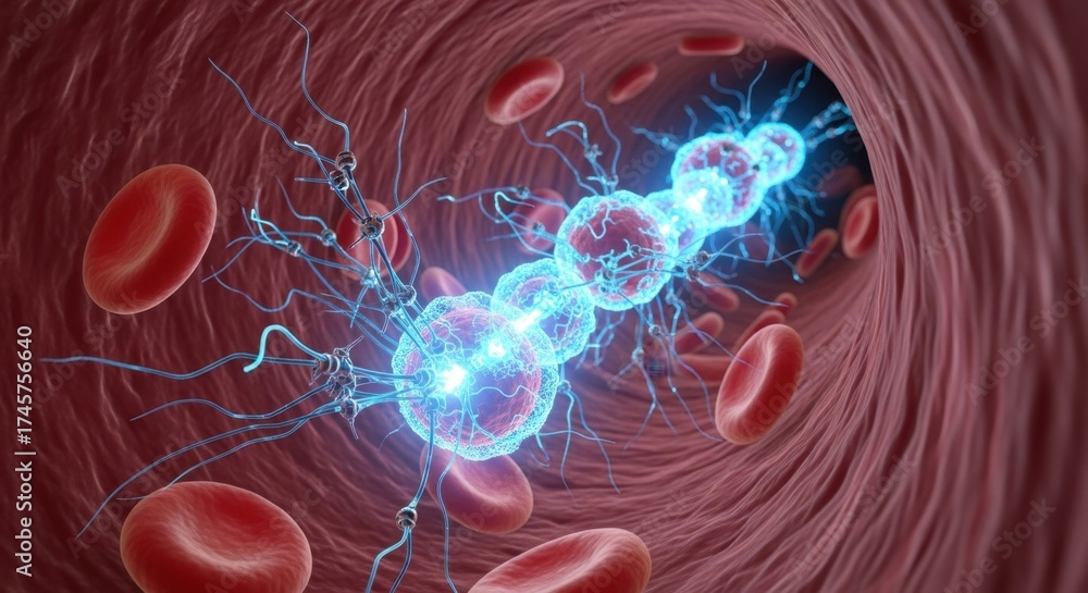 Nanorobots with glowing blue energy moving through a blood vessel ...