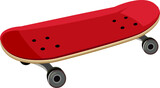 A sleek modern skateboard with a bold red deck, smooth wooden edges visible, black wheels and metal trucks, floating in mid-air, high contrast lighting, isolated background, commercial product render