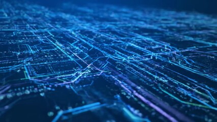 Abstract Digital Network - A close-up shot reveals an intricate network of interconnected lines, glowing with blue and purple hues, suggesting data flow and technological connections.