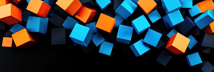 A dynamic arrangement of 3D cubes in orange and blue, floating against a black background with depth and motion