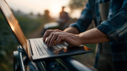 Wall Mural - Laptop on field cart with operator’s hands typing installers blurred behind faces out array defocused renewable energy monitoring project management solar install clean tech