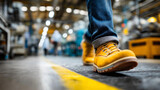 Steel toe boots striding past yellow line on factory floor motion blur on step machinery defocused safety footwear plant walkway industrial compliance movement production