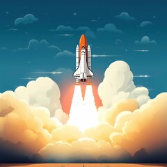 Wall Mural - Illustration of a rocket launch, viewed from a low angle. The style is vibrant and dynamic, resembling a video game animation with bold colors.