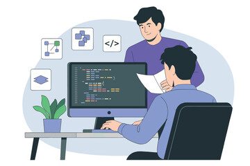 Two people collaborating on computer code and software development in modern office setting isolated on white background