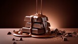 a luscious cascade of melted chocolate gracefully adorns a dark chocolate bar creating a tempting treat against a rich brown backdrop