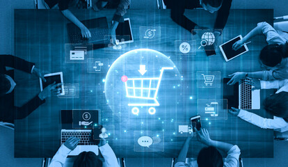 Wall Mural - Concept of e-commerce and online shopping technology. A digital marketplace with a customer shopping cart, payment options, and worldwide delivery for a complete retail experience. Fermion