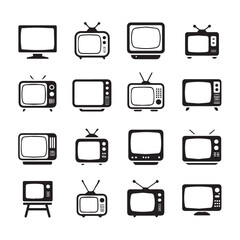 black and white television icons set with vintage tv, flat screen, old radio, antenna, retro broadcast technology vector