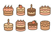 © David - Cute birthday cakes cartoon vector icon set. Collection of decorated layer cakes for celebration.