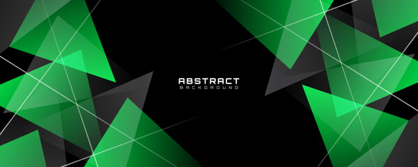 Wall Mural - Abstract green geometric background with glowing transparent triangles and modern lines on dark backdrop, futuristic digital design for banner, poster, web template, technology and corporate layout