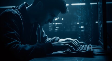 Man hacker typing on keyboard in dark room. Cybercrime and data theft. Computer programmer working on data breach.