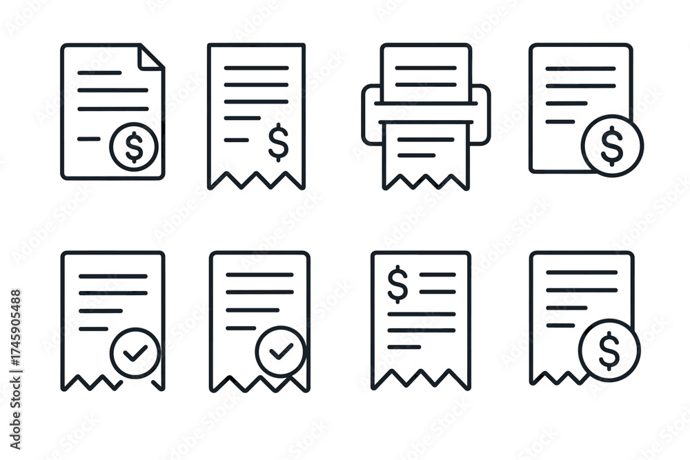 Invoice and receipt icons with dollar symbol and checkmark for ...